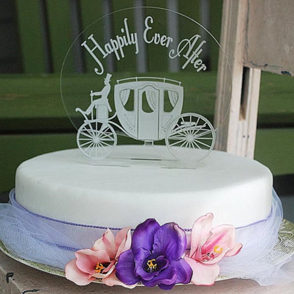 Happily Ever After with Carriage cake topper - Engraved Happily Ever After cake topper - Carriage cake topper - wedding carriage cake topper
