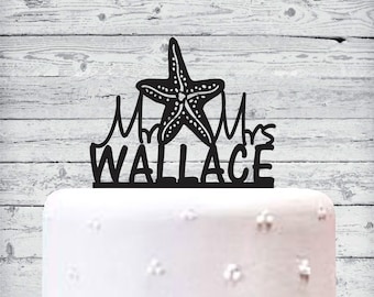Starfish Wedding Cake Topper, Personalized wedding cake topper with your last name, Mr. & Mrs. Starfish Wedding Cake Topper, Starfish topper
