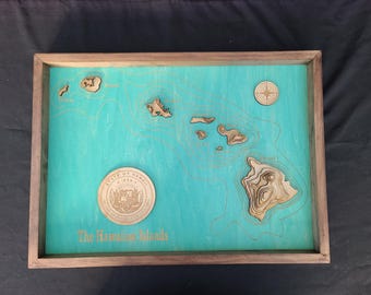 Laser Engraved 3D wood map of the Hawaiian Islands - Framed Hawaii engraved wood map - 3D state of Hawaii map
