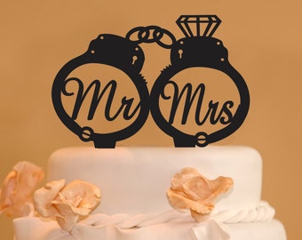 Handcuffs wood wedding cake topper, Mr. and Mrs. handcuffs wedding cake topper - police cake topper - handcuffs with diamond