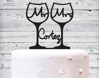 Wine Glasses with name Wedding Cake Topper - Mr. and Mrs. last name wedding cake topper-  Personalized Wine glasses wedding cake topper