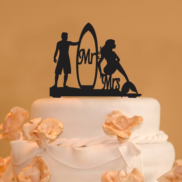 Mr. & Mrs. wood wedding cake topper with surfer and mermaid, Surfer with surfboard and mermaid wedding cake topper, personalized cake topper