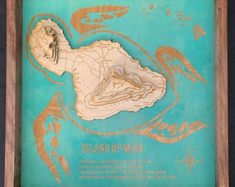 Laser Engraved 3D wood map of the island of Maui with a turtle design - Maui Hawaii turtle engraved wood map - 3D Maui sea turtle map