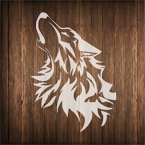 May include: A white silhouette of a wolf howling at the moon, with a stylized, tribal design. The wolf's head is facing the left side of the image, with its mouth open and its ears perked up. The wolf's fur is depicted with a series of jagged lines, creating a dynamic and energetic look.