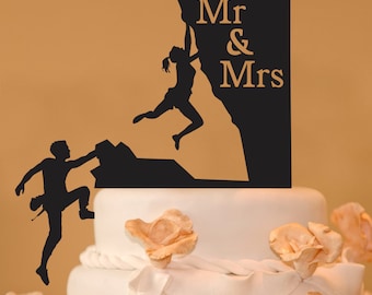 Mr. & Mrs. wedding cake topper with rock climbers - man and woman rock climbing wedding cake topper -  rock climbers wedding cake topper