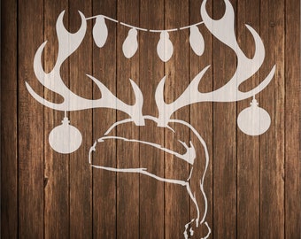 Christmas reindeer antlers with santa hat, christmas lights Stencil, Christmas Stencil,  santa hat with antlers Stencil