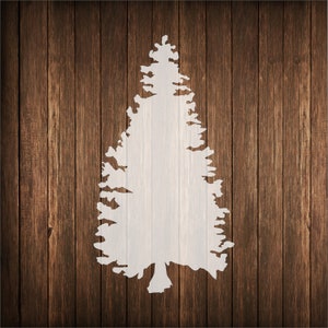 May include: A white silhouette of a pine tree against a brown woodgrain background.