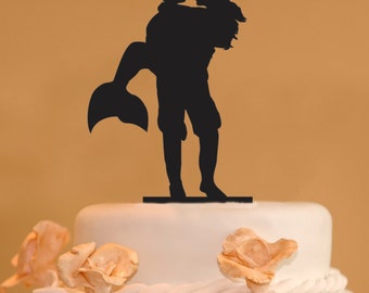 Man holding a Mermaid wedding cake topper - Mermaid Wedding Cake Topper - man and mermaid silhouette cake topper