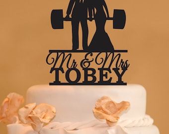 Personalized Mr. and Mrs. Weightlifter couple Wedding Cake Topper - Bride and Groom Body Building Wedding Cake Topper, Weight lifters topper