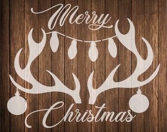 Merry Christmas with reindeer antlers, christmas lights  Christmas Stencil, Christmas Stencil,   Christmas ornament Stencil