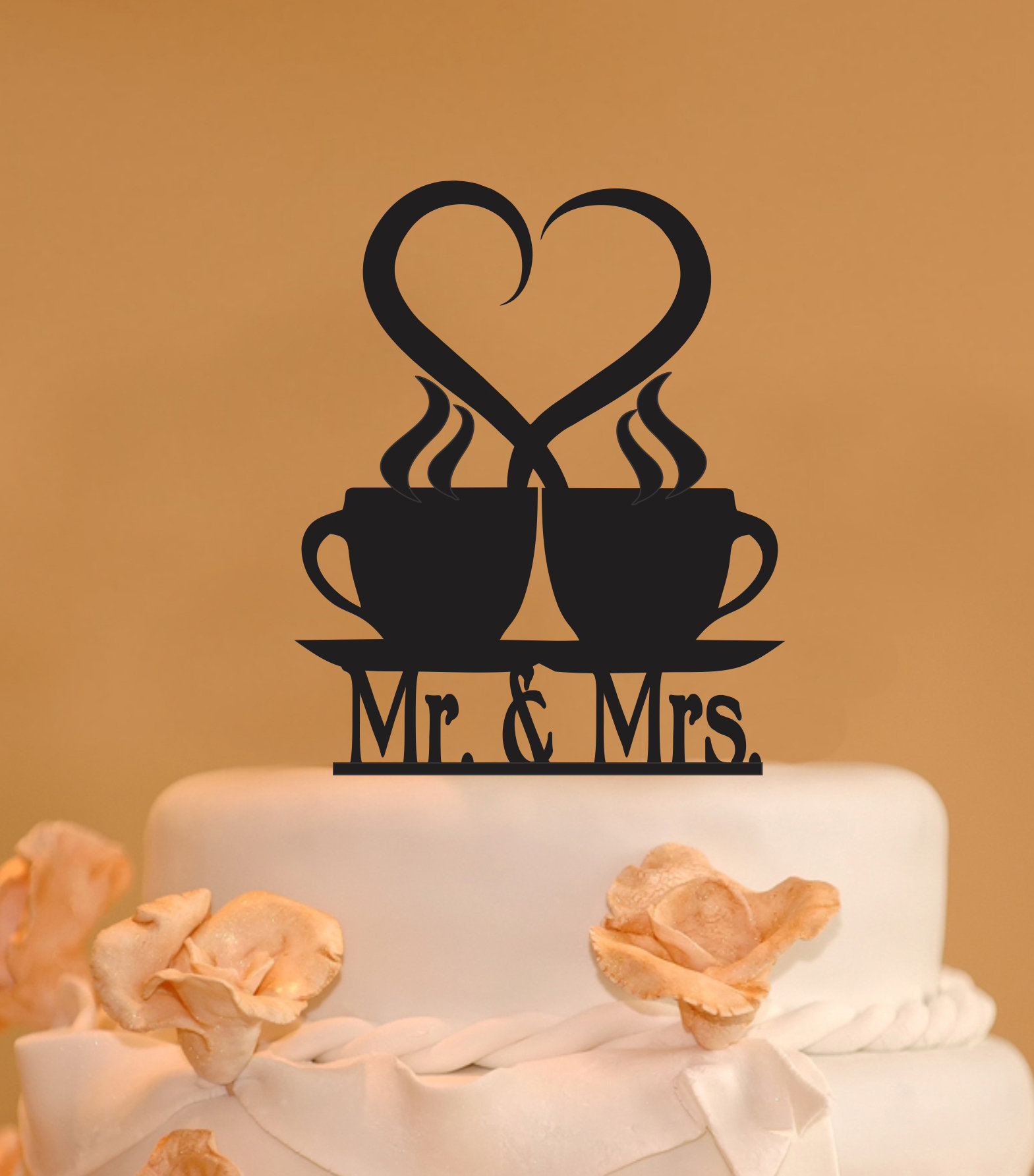 Mr. and Mrs. coffee cups with heart Wedding Cake Topper- coffee cups steam  heart Mr. and Mrs. cake topper - custom wedding cake topper