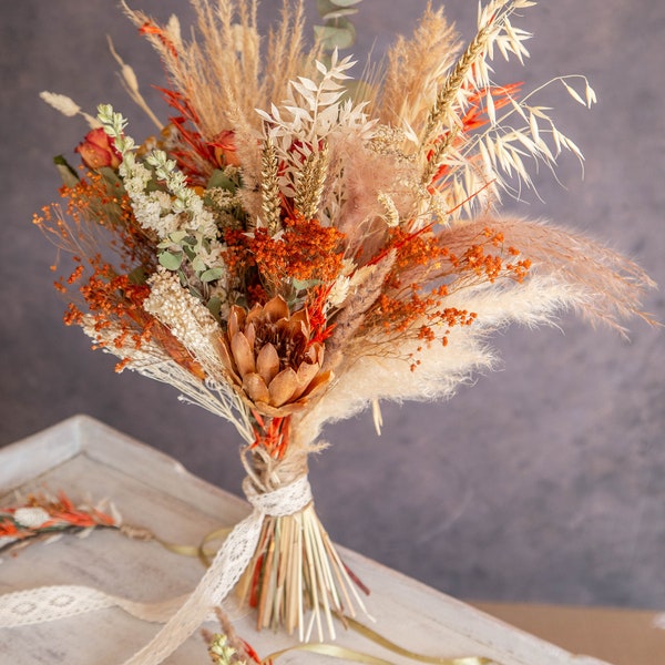 Large rust orange dry flower wedding bouquet "Sunset Haze"/buttonhole/flower crown barn decor home thank you gift rustic arrangement UK