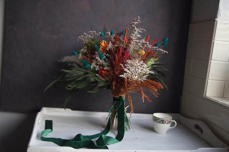 Teal & Rust Dried Flower Bouquet: Rustic Wedding, Boho Home Decor - Etsy