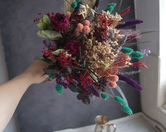 Dried Flower Wedding Bouquet: Dark Gothic Decor, Grown in England
