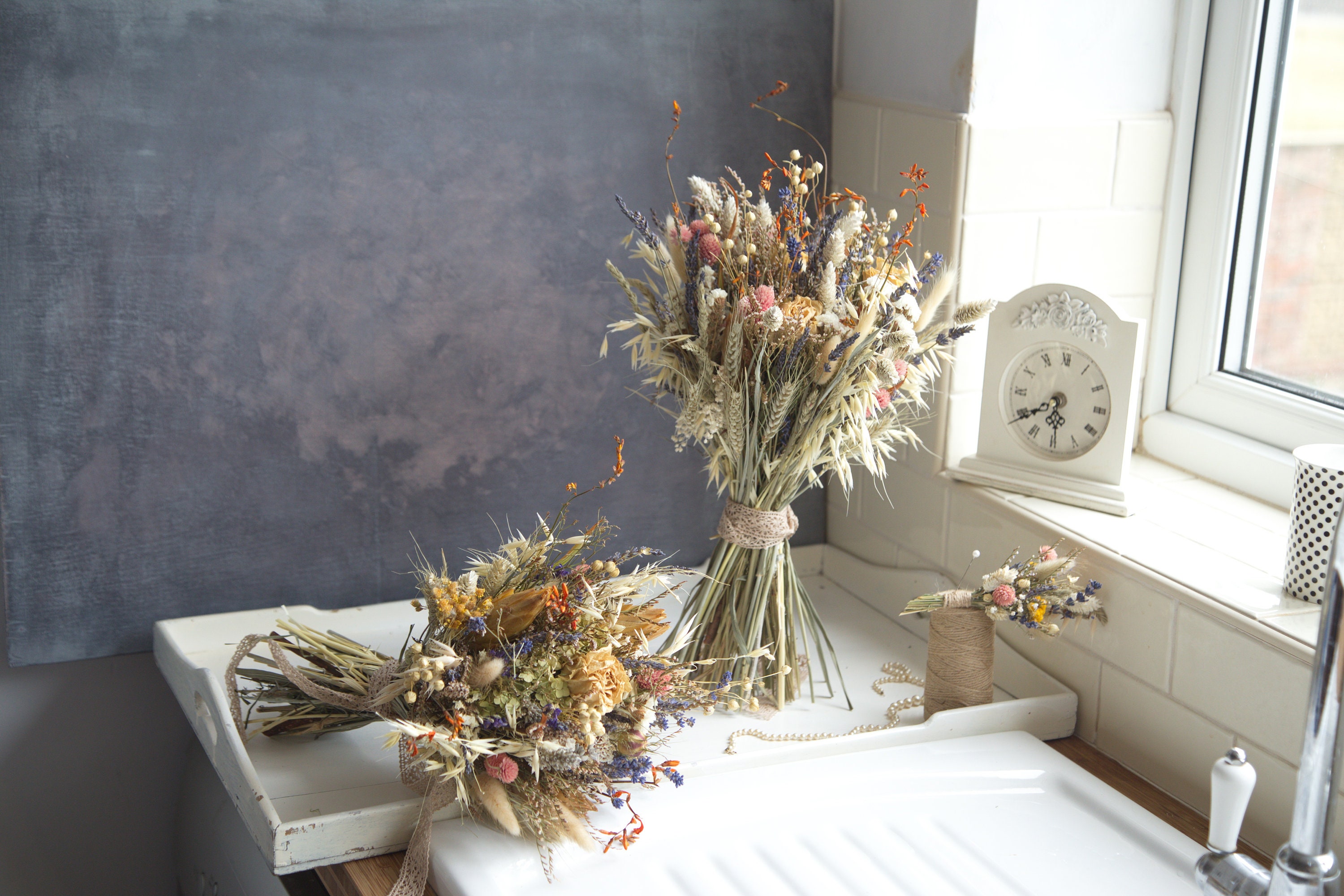 Natural Dried Flowers Large Wedding Bouquet Buttonholes Set - Etsy