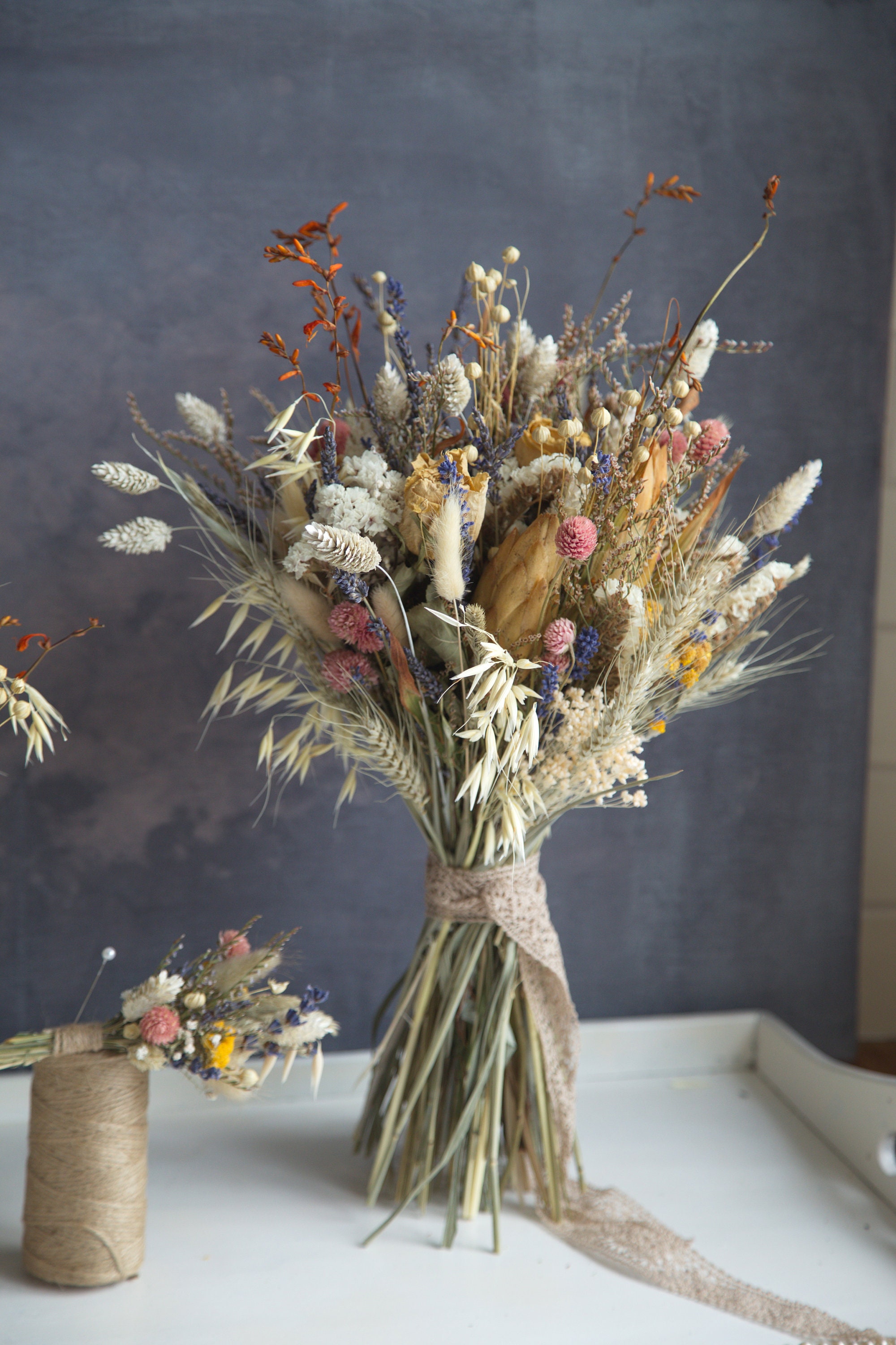 Natural Dried Flowers Large Wedding Bouquet Buttonholes Set - Etsy
