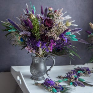Purple and violet dried flowers wedding bouquet "Peacock Dream"