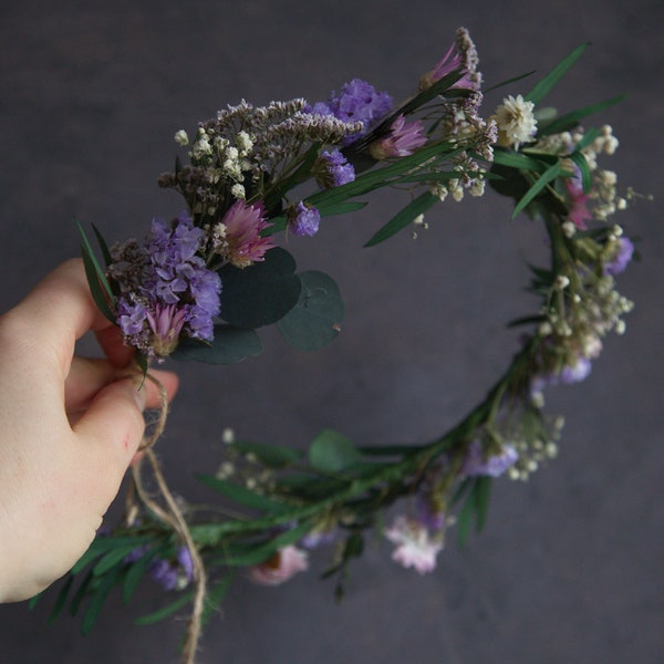 Blue Dried flower crown (NATURAL flowers only) everlasting eucalyptus green white floral headdress wedding hair accessory made in UK