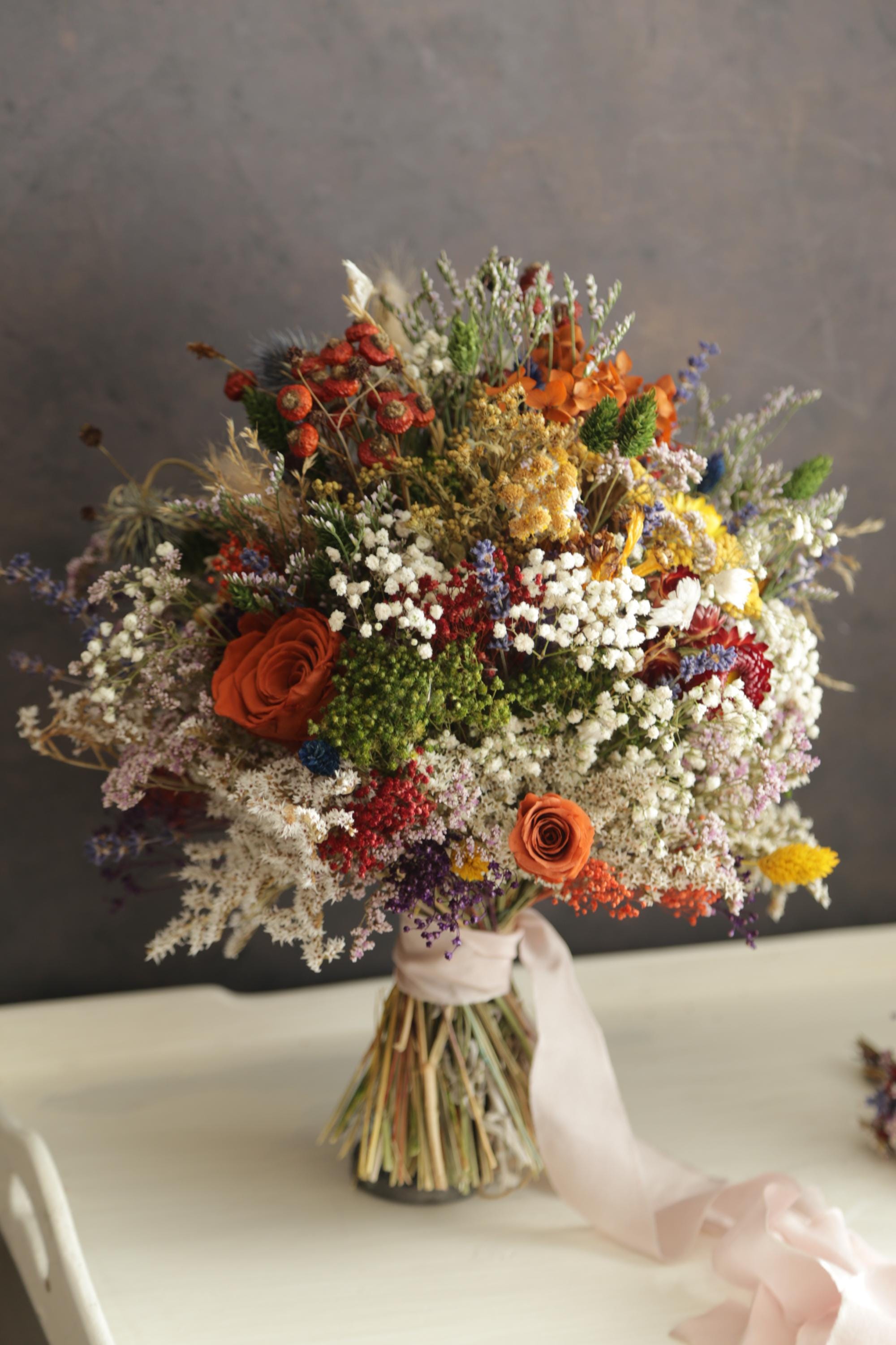 Fall Colors Dried Flower Wedding Bouquet, Preserved Roses