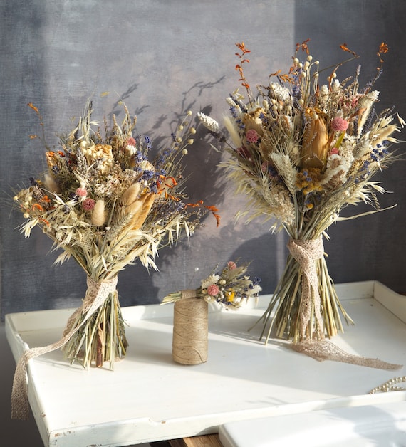 Natural Dried Flowers Large Wedding Bouquet Buttonholes Set