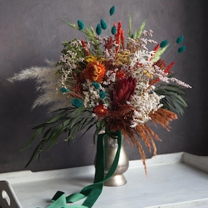 Teal and rust orange dry flowers wedding bouquet/buttonhole/flower crown barn decor home thank you gift rustic arrangement UK