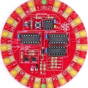 Op de afbeelding: Een cirkelvormige rode printplaat met tal van elektronische componenten, waaronder chips, weerstanden en LED's. De plaat heeft nummers rondom en tekst die verschillende circuitfuncties aangeeft. De plaat heeft rode en gele LED's.