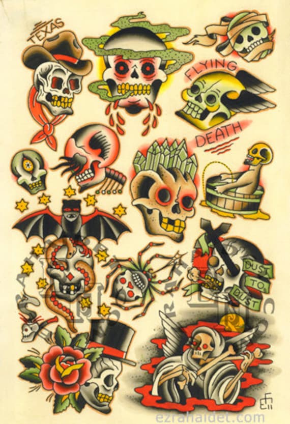 Items similar to Traditional Tattoo Flash Print 2011 Skulls 13