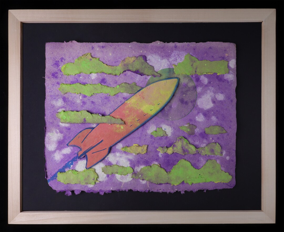 Pape Rockets Collage Rocket Adventure 1 - Handmade Paper Collage With Monotype Printing - Etsy