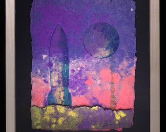 Rocket Adventure 2 -  Handmade Paper Collage with Monotype printing