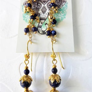 Vermeil und echtem Lapislazuli Ohrringe und Mega Mati Earchain set