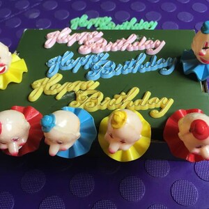 Rare Vintage Clowns Cake Decorations Set of 6 Plus 5 Happy Birthday signs