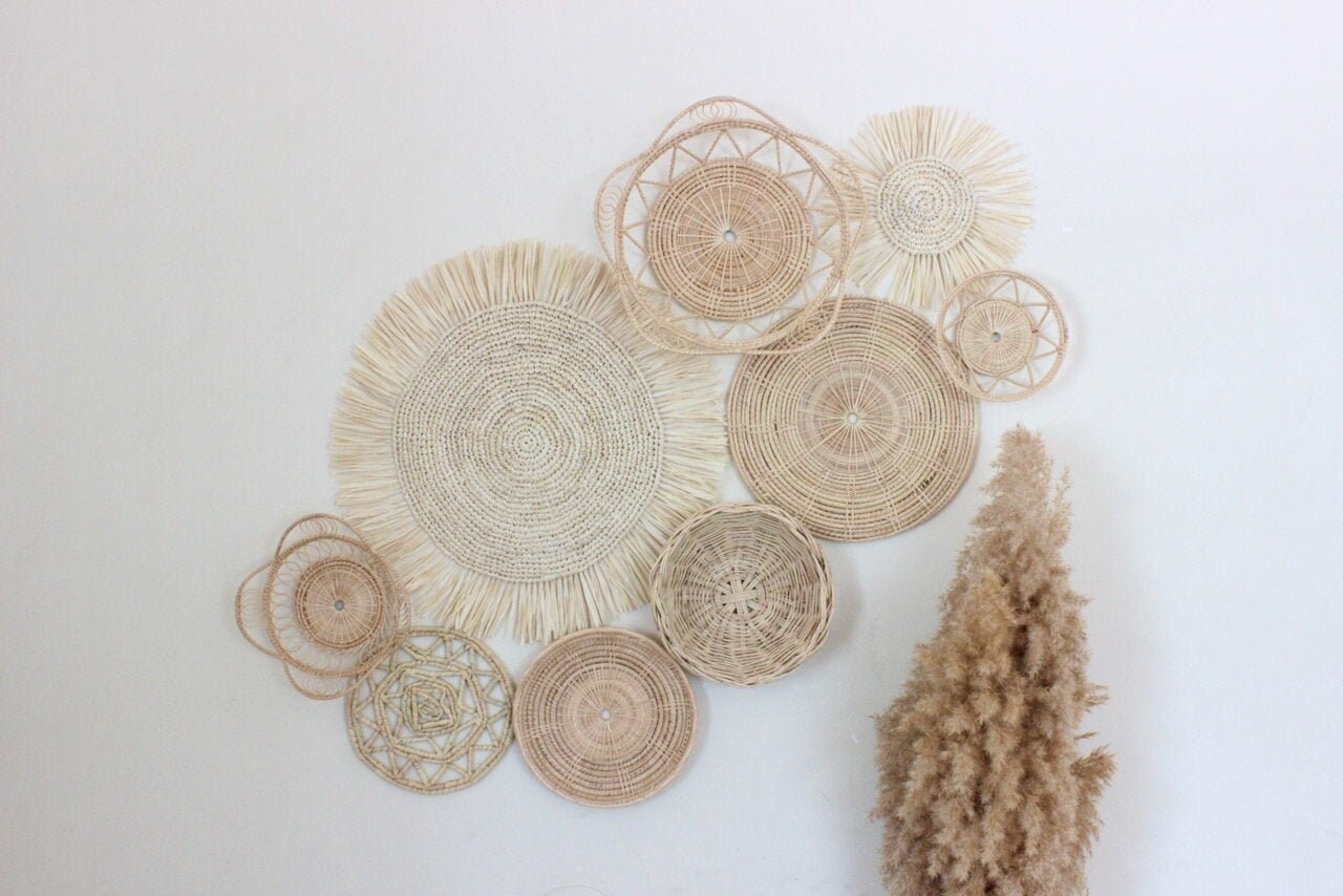 Boho Basket Wall Set of 9 Handwoven Rattan and Seagrass Baskets and T…