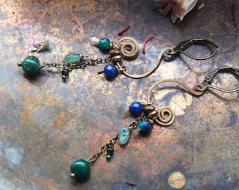 Spiralen Ohrringe lang Edelstein blau Vintagestil Vintagestil Ohrhänger Jade Achat keltisch Rustikal Wicca Göttin