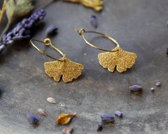 Minimalist hoop earrings •GINGKO• brass ⫷(•)⫸earrings boho •nature •hippie •leaves •gold-colored •forest •tree