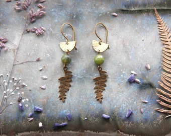 Earrings •Jade •Fern ⫷<•>⫸ Half Moon Earrings Brass •feminine •Gemstone •Goddess •Spirit •Nature Energy •Hippie •Goddess •Wicca