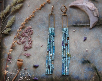 Boucles d'oreilles longues turquoise •Rocailles •Franges ⫷(•)⫸ •Nature •tribale •Boucles d'oreilles •esprit indigène •Indien •Terre •Franges ethniques •Dépareillement