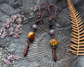 Earrings tourmaline ⫷(•)⫸ wood • copper • ethno • earrings • hippie • celtic • rustic • Wicca • pagan • earth • spirit • goddess