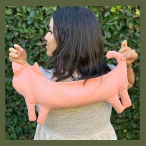 Peut inclure: Un oreiller de cou en forme de chat rose avec une texture douce et moelleuse. L'oreiller est tenu par une personne devant un fond vert feuillu.