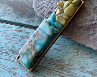 Thin Bronze & Stone Mosaic Pendant Necklace