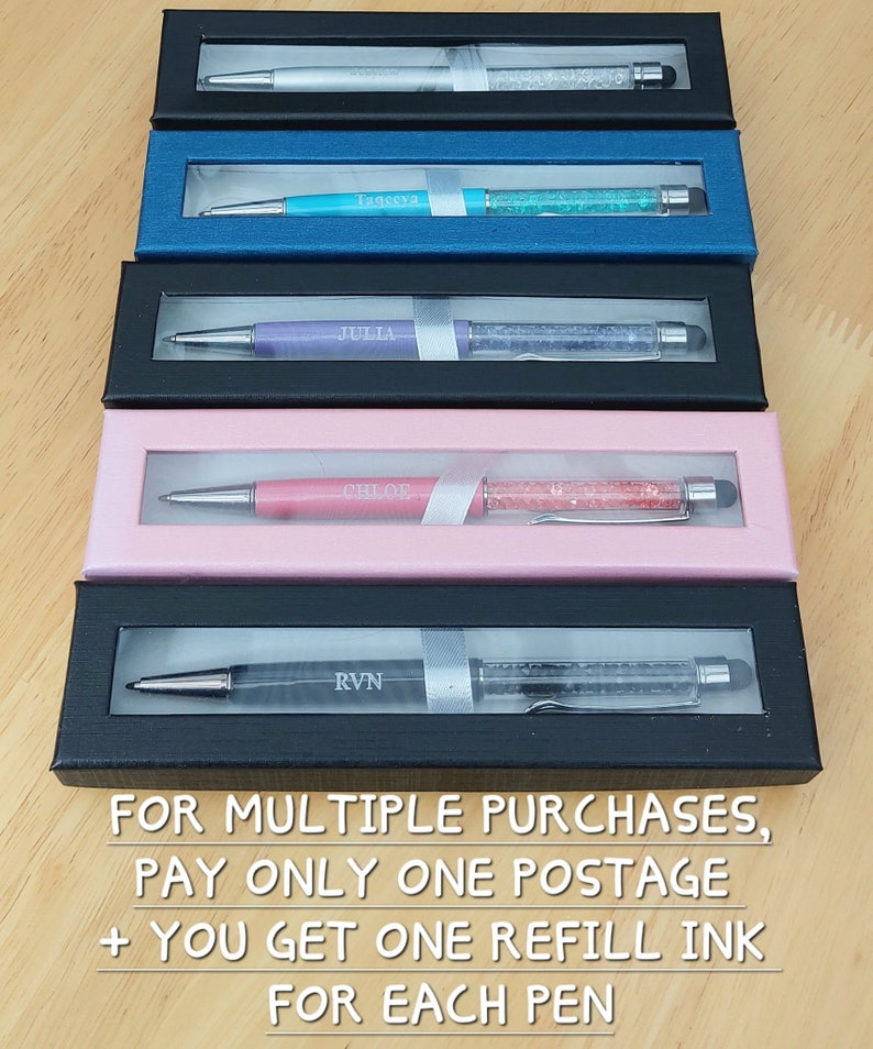 May include: Five pens in individual boxes. The pens have crystal-like accents and are in black, blue, purple, pink, and silver. Each pen is personalized with a name or initials. The text at the bottom reads: "FOR MULTIPLE PURCHASES, PAY ONLY ONE POSTAGE + YOU GET ONE REFILL INK FOR EACH PEN."