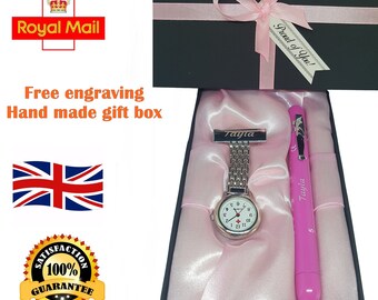 Coffret cadeau personnalisé montre gousset infirmière et torche - Cadeau médical gravé