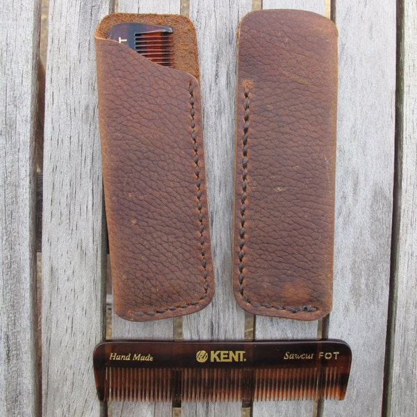 Handmade Leather Pocket Comb Case With Kent Sawcut Handmade Comb Handcrafted - Oil Tan Brown