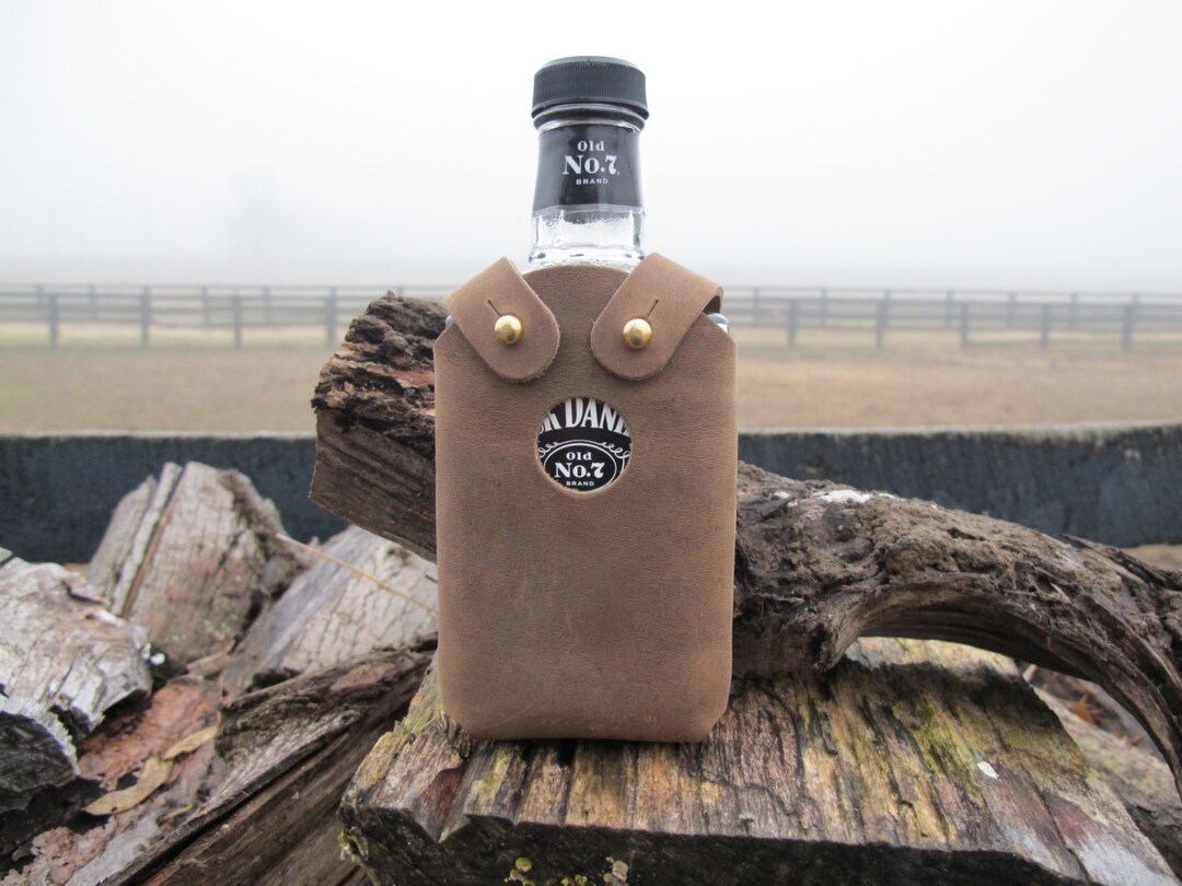 Handmade Leather Whiskey Bottle Holder 200ml Hand Riveted Crazy