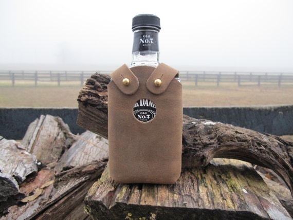 Handmade Leather Whiskey Bottle Holder 200ml Hand Riveted Crazy