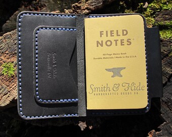 Handmade Asher Deluxe Leather Field Notes Notebook Case - Black Bridle W/BlueThread