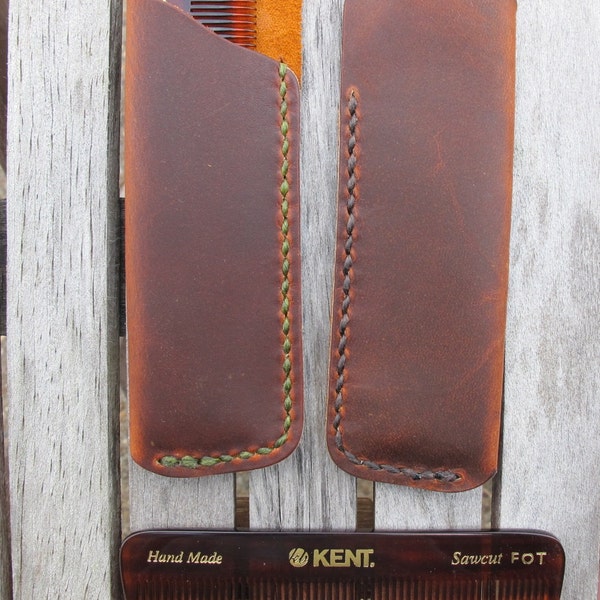 Handmade Leather Pocket Comb Case With Kent Sawcut Handmade Comb Handcrafted - Retan Pull Up Brown