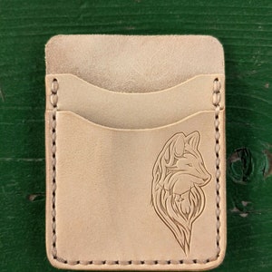 Natural Veg Tan Leather Wood Badge Inspired Front Pocket Wallet - Fox Patrol Critter