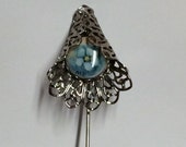 Vintage Stick Pin Brooch Silver Tone Metal Filigree Blue Floral Flower Cabochon Art Deco Retro Victorian Brooch Woman Jewelry Eco Chic Hat