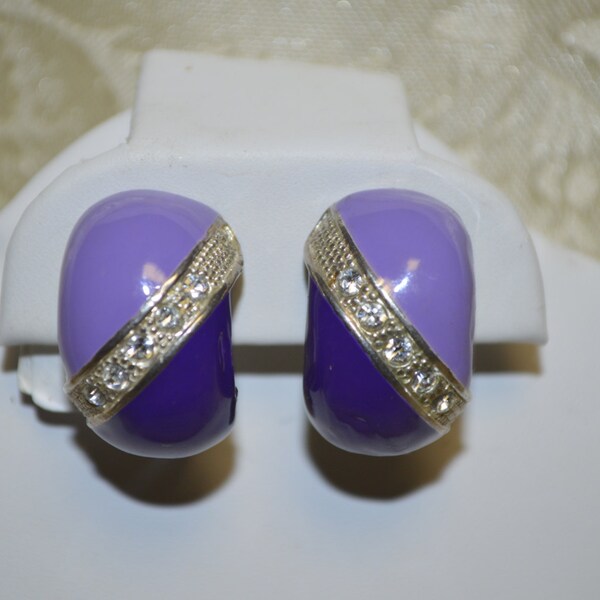 Vintage Clip Earrings Purple & Lilac Enamel Divided By Clear Rhinestones Silver Tone Chunky Art Deco Retro Statement Wedding Women Jewelry