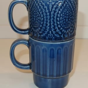Set Of 2 Vintage 1970's Blue Drip Glaze Stacking Mugs Made in Japan
